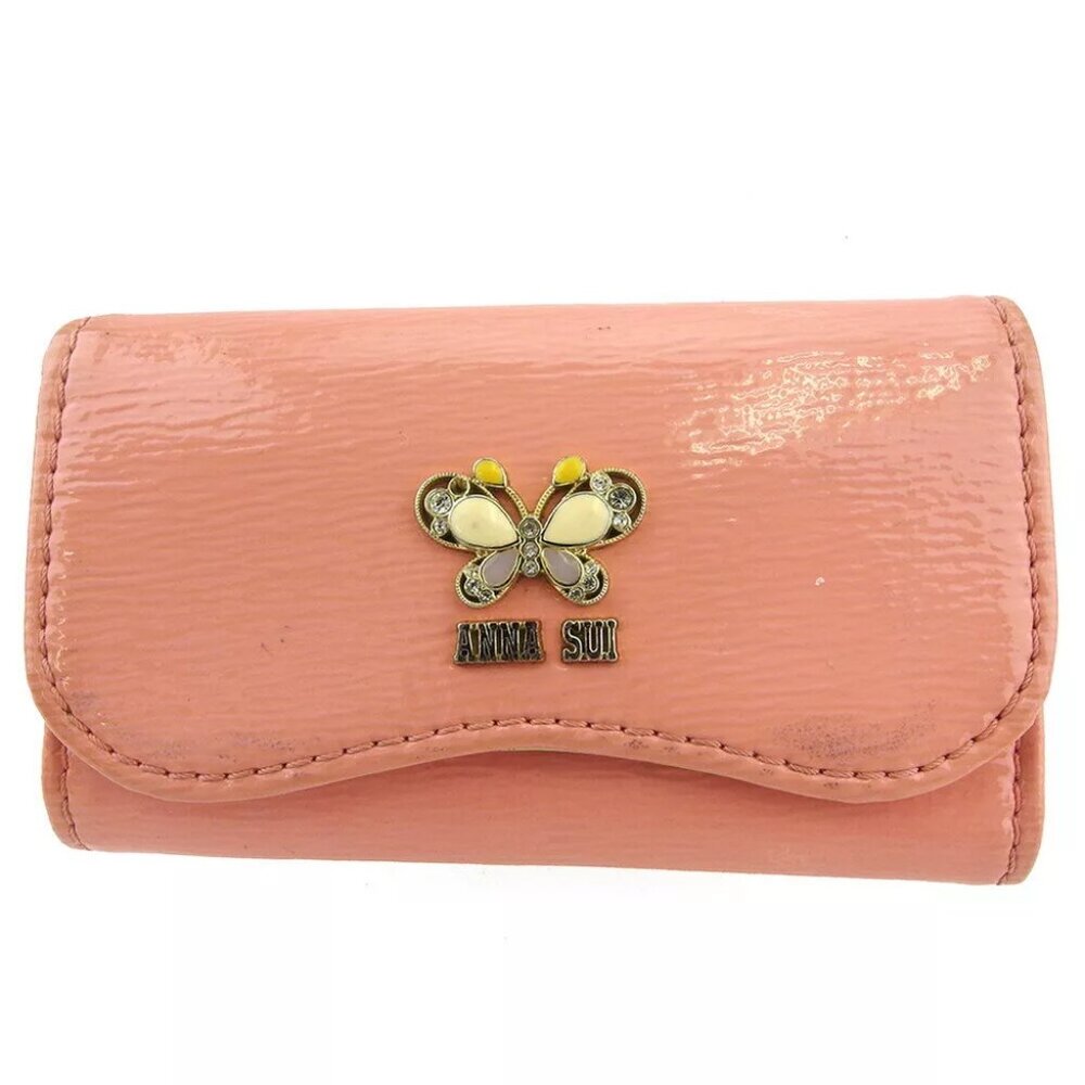 Anna SUI Key Case Butterfly Butterfly Pink Beige Enamel Leather USED